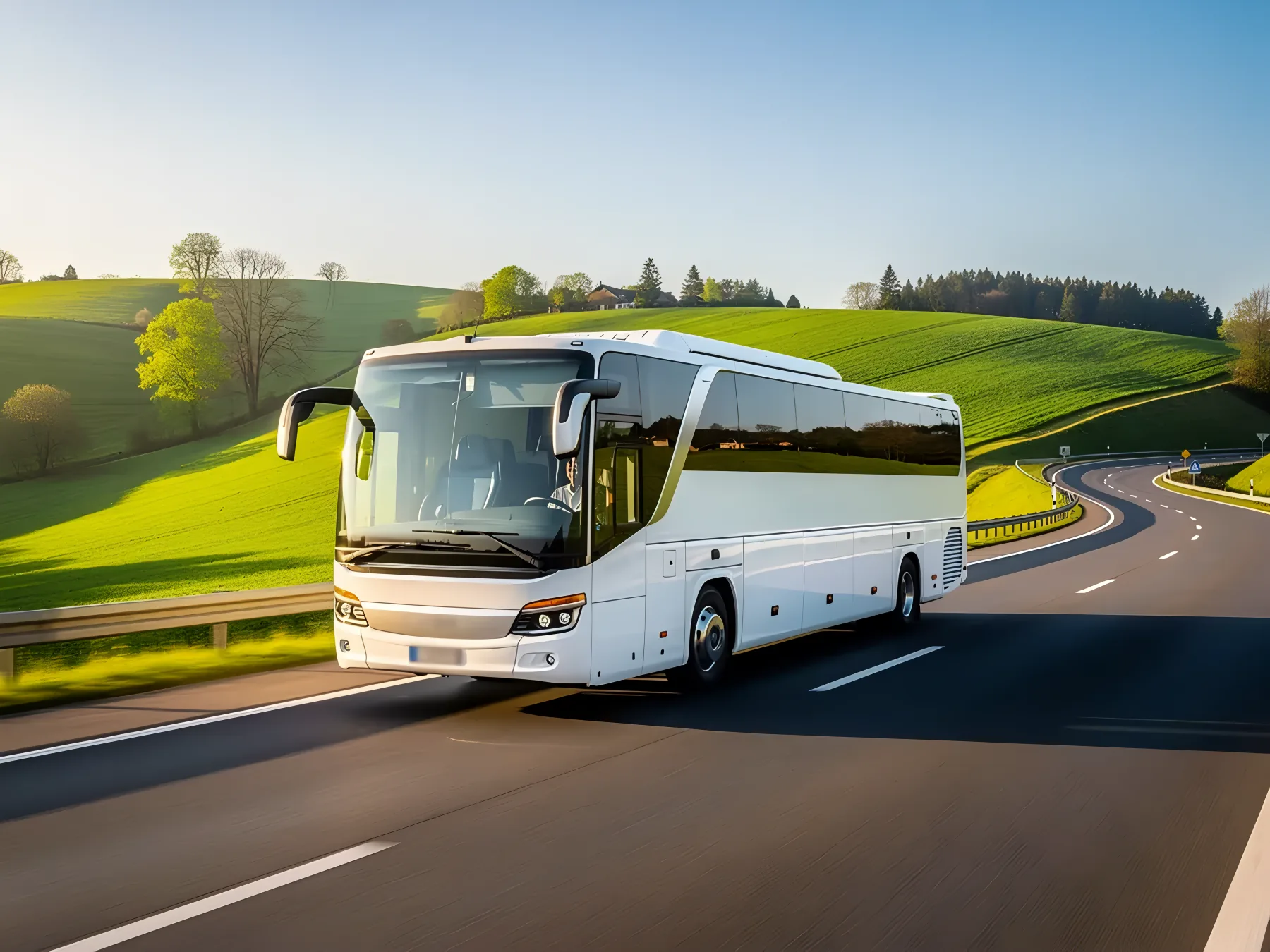 Bus moderno circulando por autovía entre colinas verdes